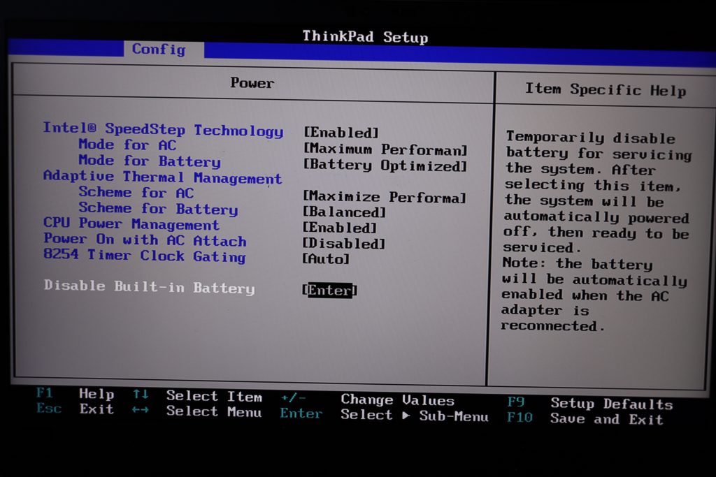 Hit the enter key to disable the built-in battery.