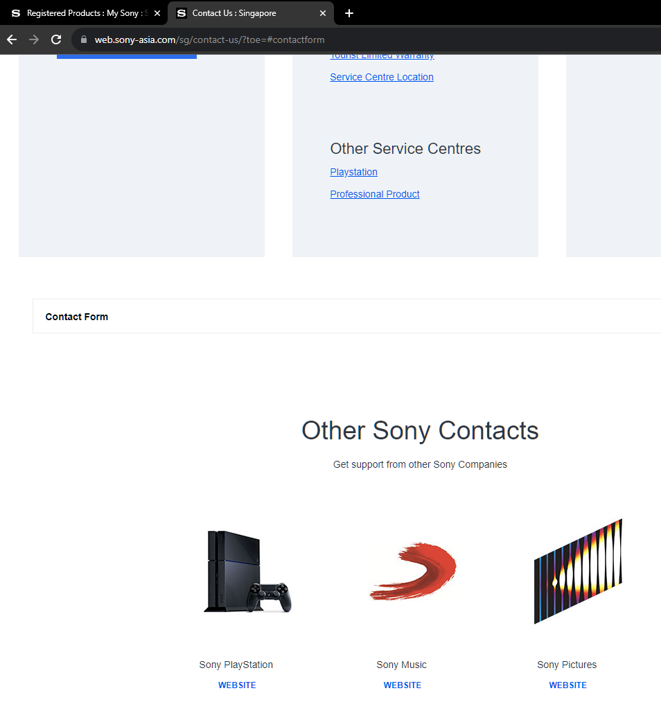 Where's the form? Trying it with Chrome's Incognito mode and Microsoft Edge shows me "Other Sony Contacts" too.